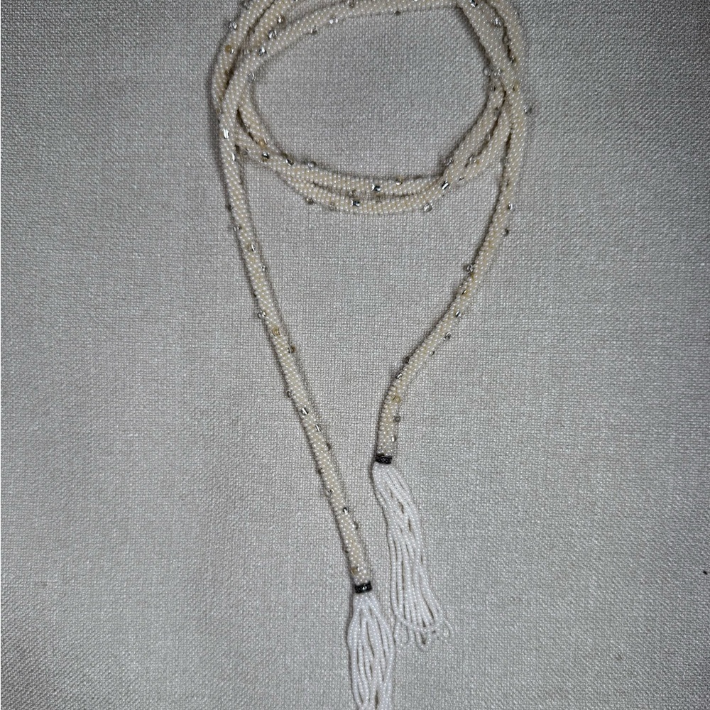 Handmade Seed Bead Wrap Necklace / Lariat w Tassel Ends | Ivory + Silver